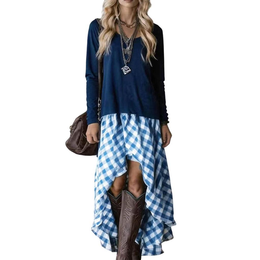 Women's Long Sleeve Bohemian Dress with Plaid Patchwork and Asymmetric Hem for Spring and Fall