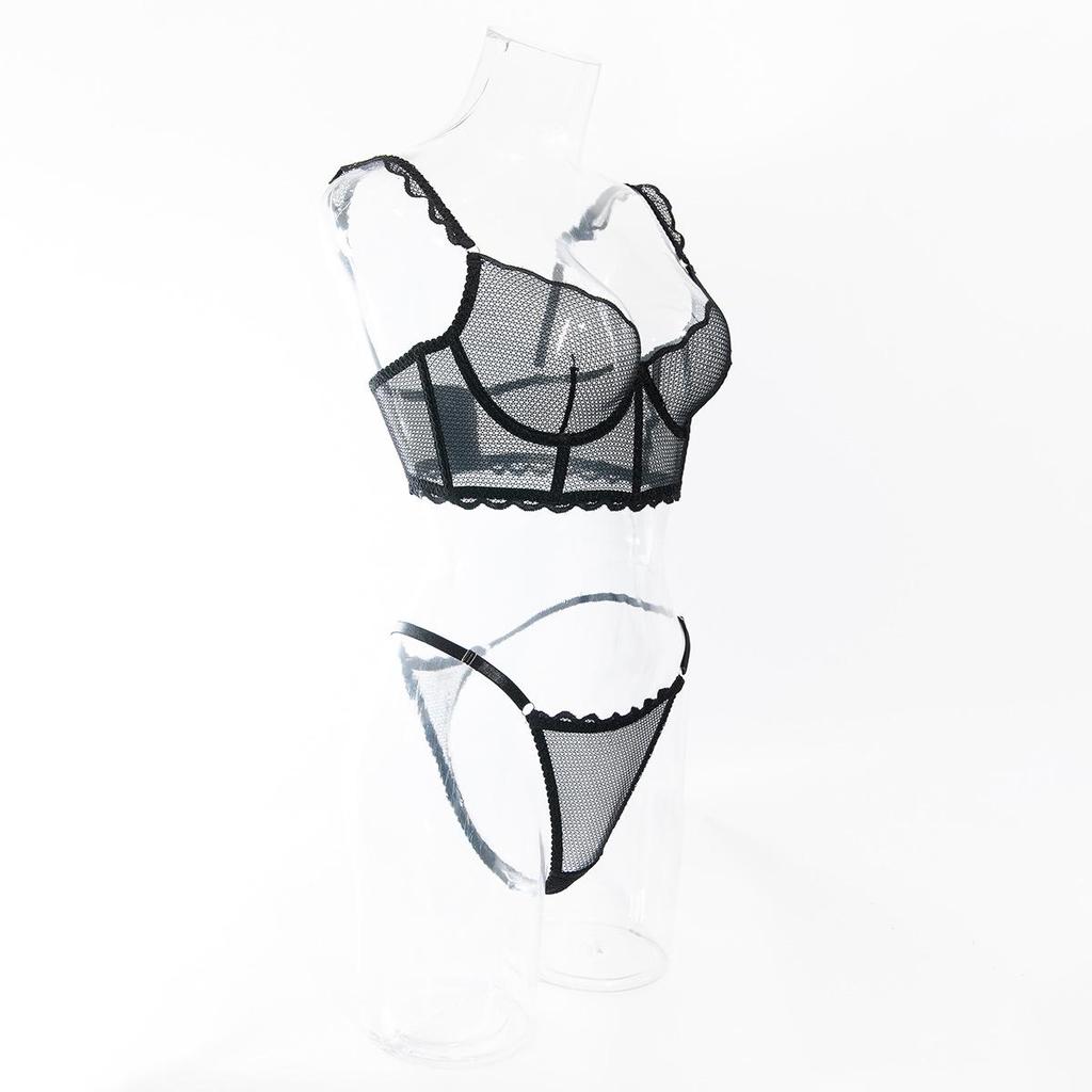 Set European & American Sexy Fishbone Mesh Crop Top & Chilot Tangă cu Dantelă – Confortabil, Elastic, Modelator Transparent