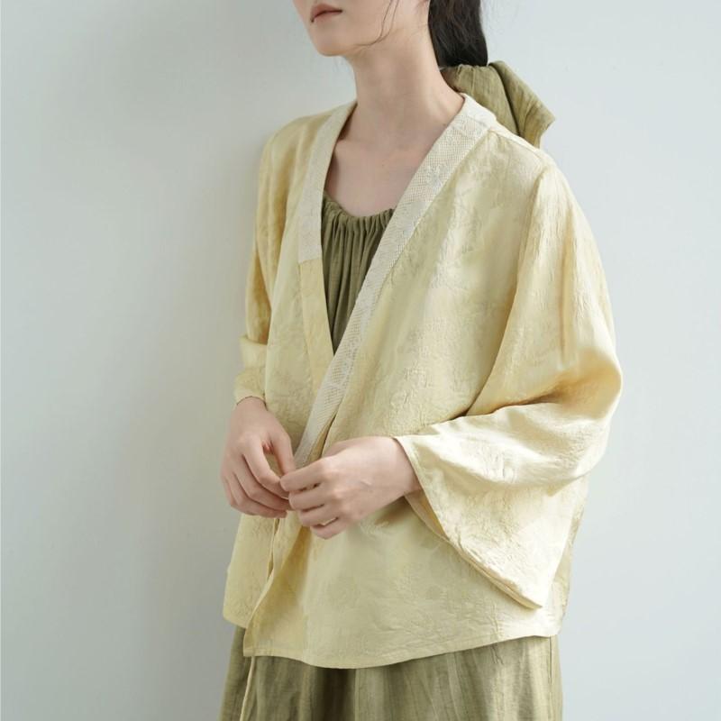 Johnature Women Vintage Jacquard Coats Bandage Chinese Style V-Neck Blouses Spring Soft High Quality Coats