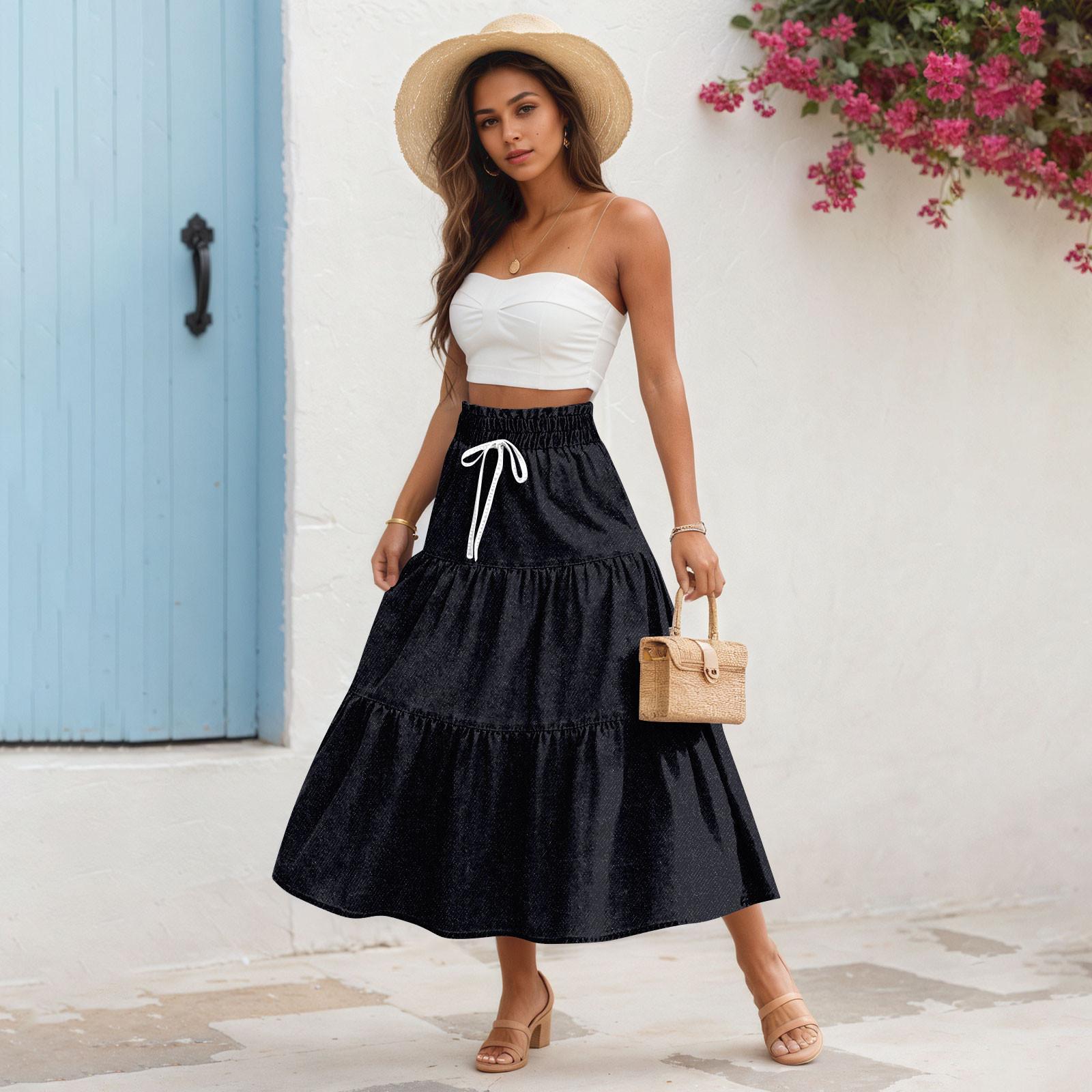 Женская весенняя повседневная длинная юбка с оборками, однотонная юбка, ретро-юбка в складку L