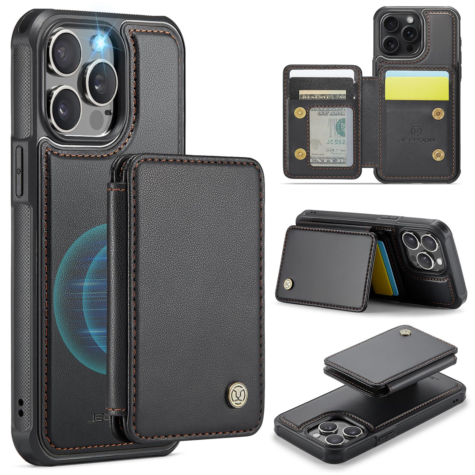 

JEEHOOD J05 For iPhone 16 Pro Case Leather Mobile Cover with Detachable Magnetic Card Bag Black