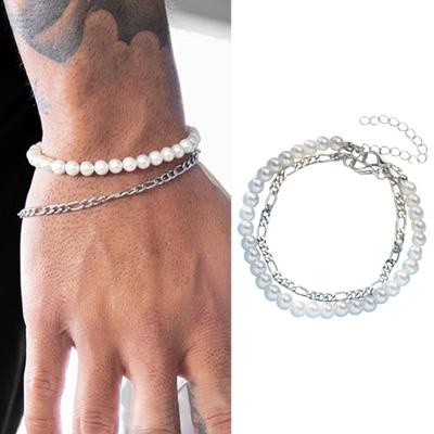2 Stück/Set Unisex Perle Hohlkette Karabinerverschluss Verstellbar Doppellagig Stapelbar Glatt Poliert Handgelenk