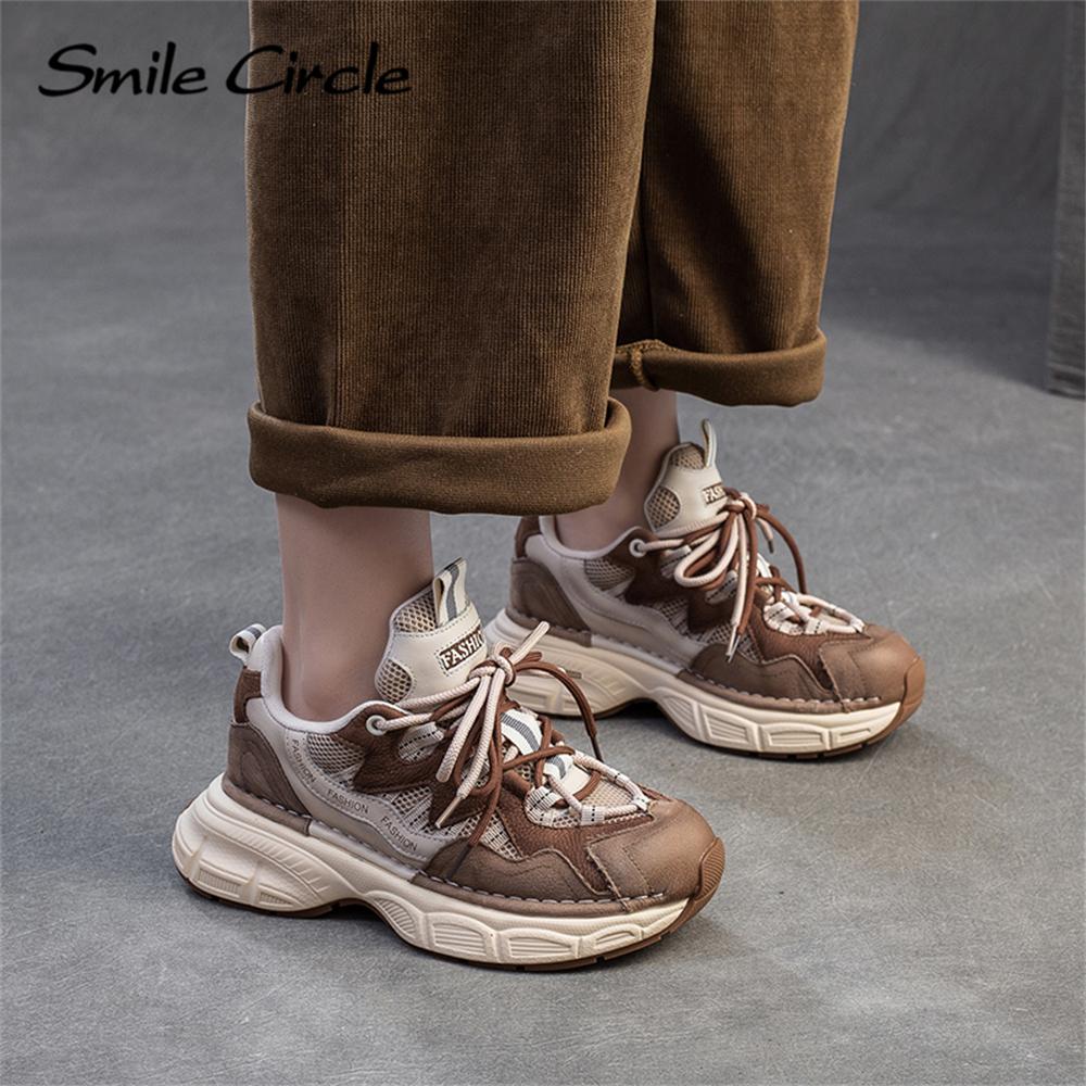 Damen Sneakers aus echtem Leder mit runder Zehenpartie und zunehmender Höhe, modische Freizeitschuhe mit dicker Sohle