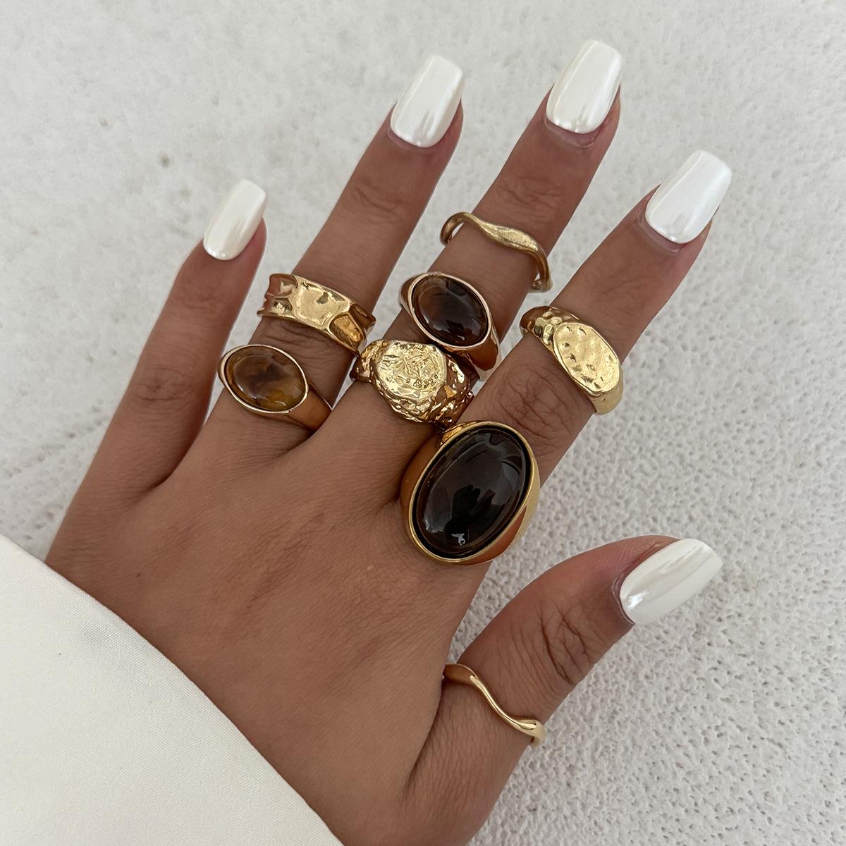 

8 Pcs/Set Vintage Brown Stone Open Rings for Women Fashion Punk Geometric Irregular Texture Finger Rings Simple Jewelry Gift New