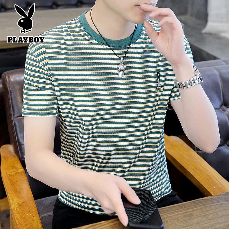 PLAYBOY Men s Summer Striped Embroidered Short Sleeve T-Shirt 2XL