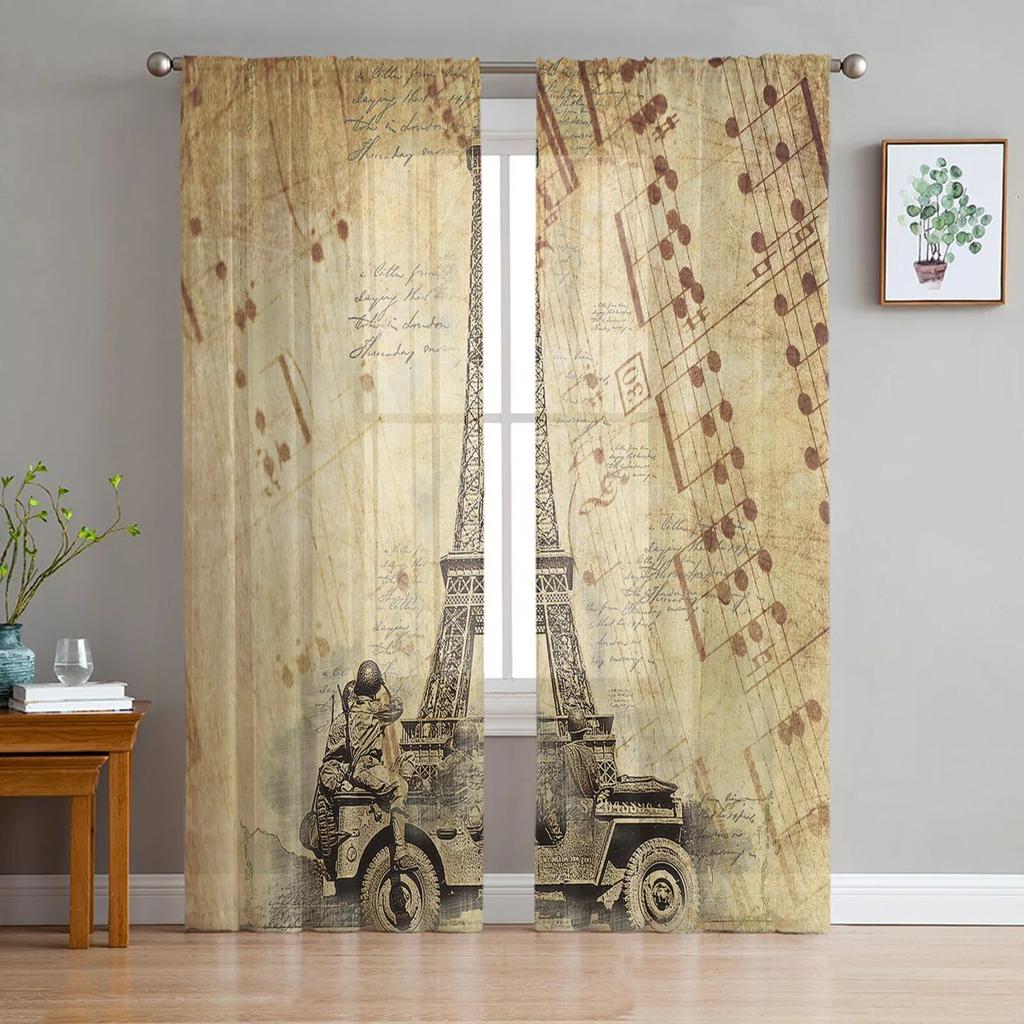 Black And White Paris Drawing Tulle Curtains for Living Room Drapes Window Sheer Modern Curtains for Bedroom Decor