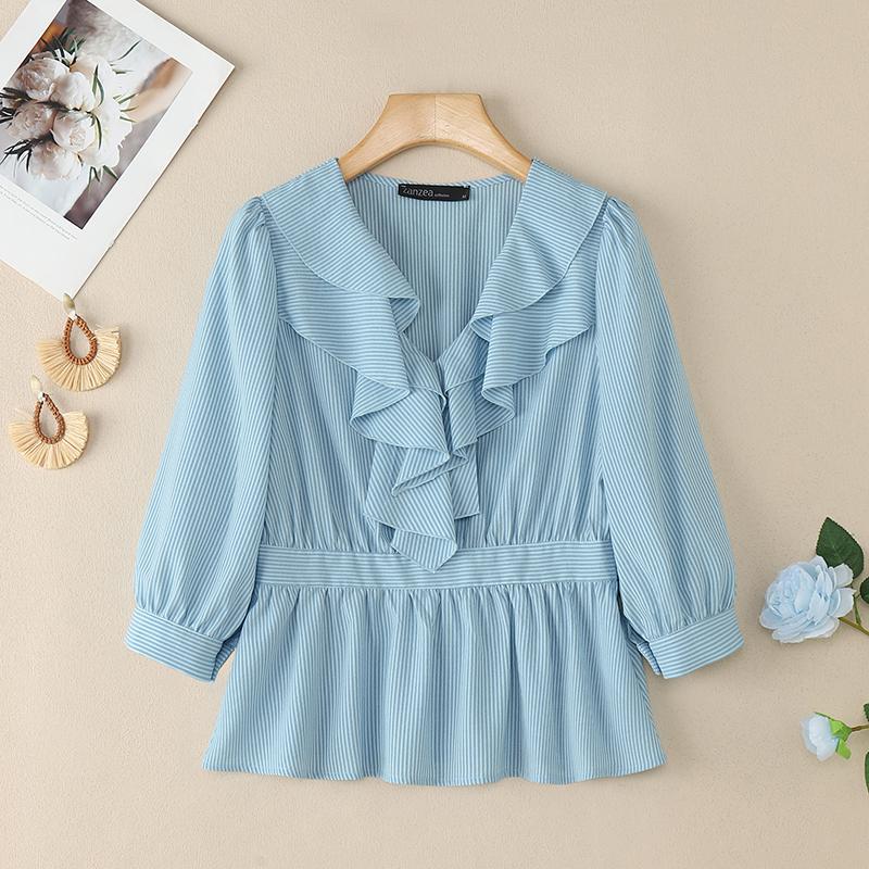 

ZANZEA Женская летняя блузка с оборками, V-образным вырезом, рукавом 3/4 и полосатым принтом S синий