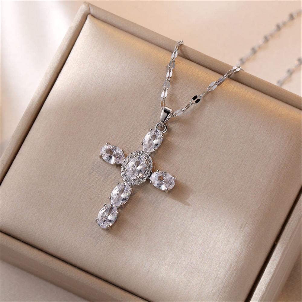 Luxury Female White Rainbow Zircon Stone Cross Pendant Necklace Vintage Gold Color Wedding  For Women