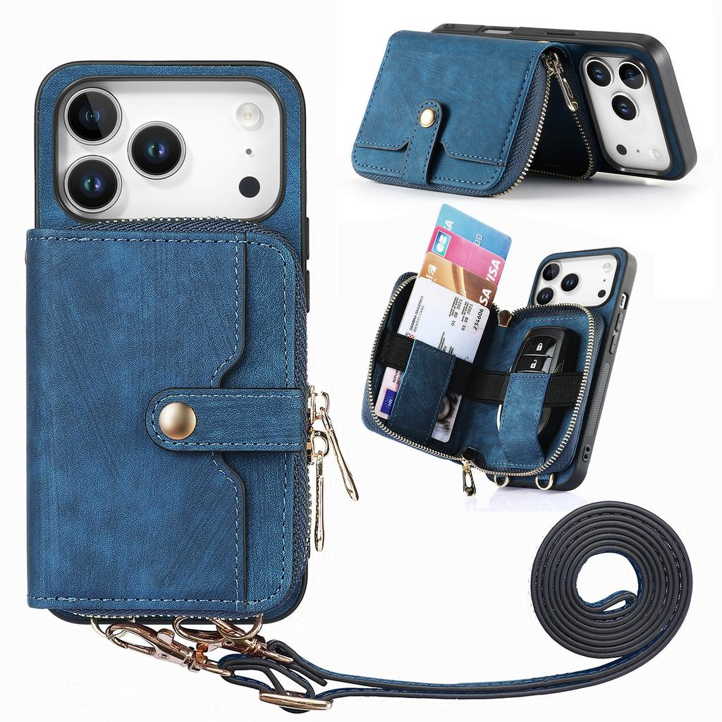 For iPhone 17 Pro Max PU Leather Phone Back Cover with Zipper Card Holder and Long Strap