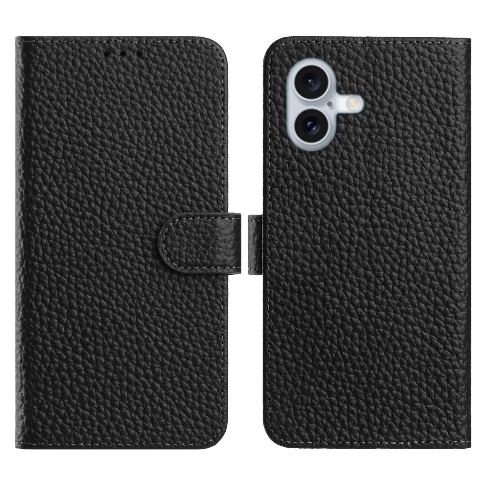 

For iPhone 16 Plus Case Wallet Stand Litchi Texture Genuine Cow Leather Flip Phone Cover Black