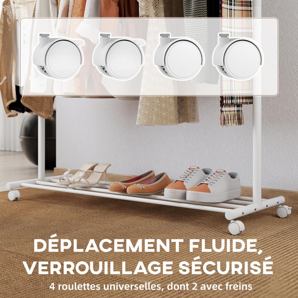 Coat Rack on Wheels with Shoe Shelf and 5 Hooks, 120x43x171cm, White