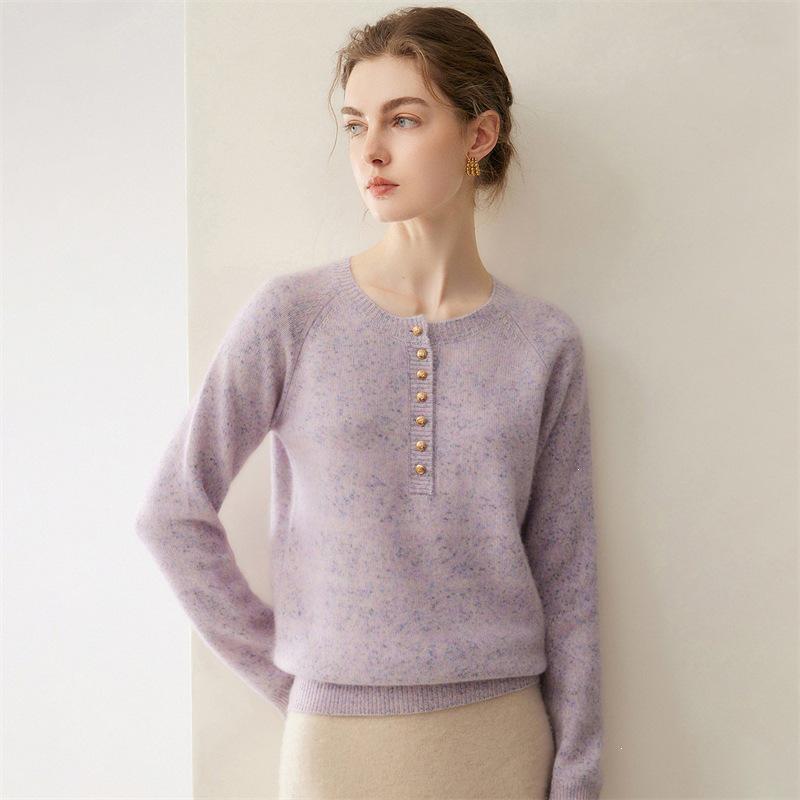 Autumn/Winter Simple Style Cashmere Sweater - Round Neck, Buttoned, Soft Knitwear, Loose Fit