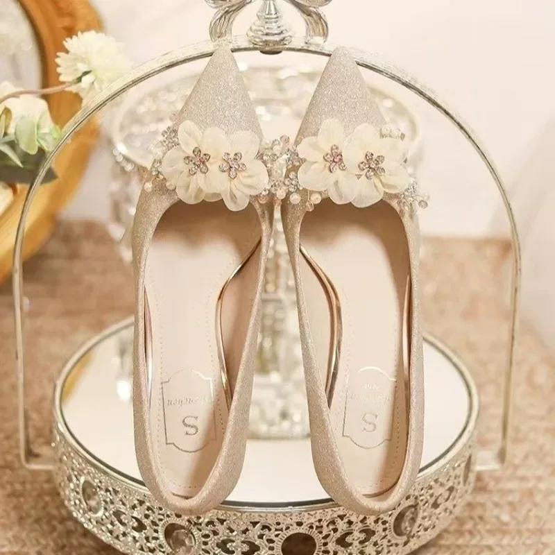 Ladies Shoes 2025 Slip on Women's High Heels Fashion Wedding Pumps Women Floral Crystal Pearl Pointed Toe Thin Heels Shoes Women