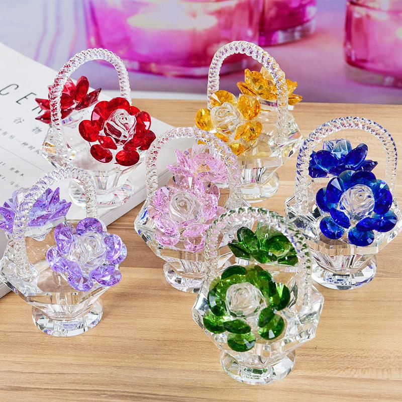 Crystal Flower Basket Ornament for Living Room, Wine Cabinet, Wedding, Teacher's Gift, Mother's Day, Dressing Table, or Car Decoration