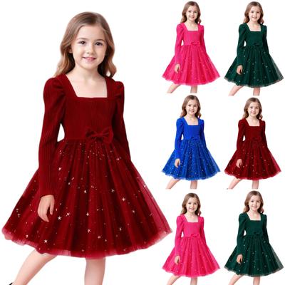 Φόρεμα Μόδας για Κορίτσια Μακρυμάνικο με Αστέρια και Διχτυωτά Πάνελ με Ζώνη Φιόγκο