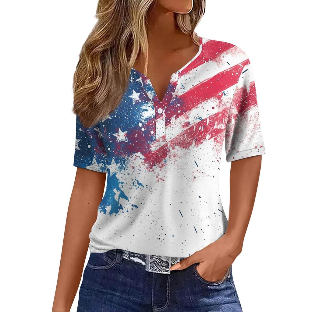 Women's Fashion Casual Independence Day Printed V-Neck Short Sleeve Button Top