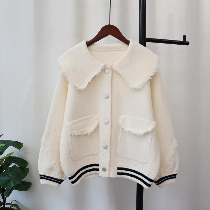 Doll collar fringed knitted double-sided cardigan autumn and winter new loose design temperament sweater jacket women