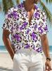 Camisa de Verano para Hombre con Estampado Floral Morado Hawaiano, Minimalista, Manga Corta, Botones, Cuello Casual, Versátil para Citas, Vacaciones en la Playa y