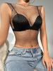 Sparkly Rhinestone Fishnet Round Neck Tank Top - Women's Summer Fashion