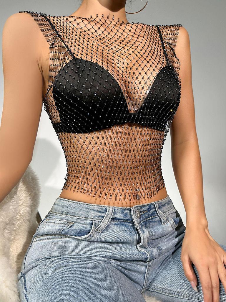Sparkly Rhinestone Fishnet Round Neck Tank Top - Women's Summer Fashion