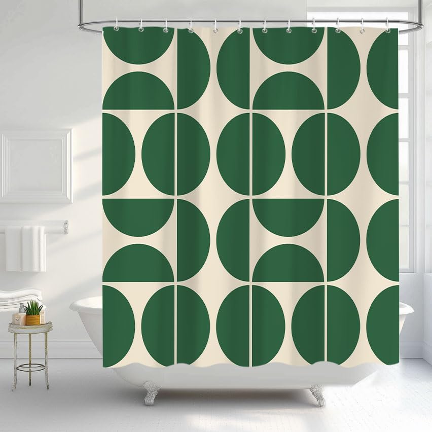 

Green Mid-Century Modern Shower Curtain – Boho Abstract Geometric Pattern, Retro Art Bathroom Decor 12Pcs Hooks 71X71Inch W60H190(CM)-1 Pcs