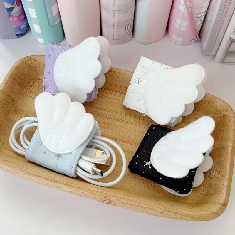 Cute Angel Wings Fabric Data Cable Storage Clip Bronzing Hand-made Charging Cable Storage Bag Brush Storage