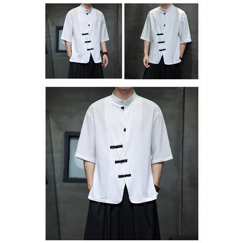 Men Linen Shirt Summer Light Thin Short Sleeved Streetwear Loose Oversize Casual Chinese Style Shirt Tang Suit Hanfu