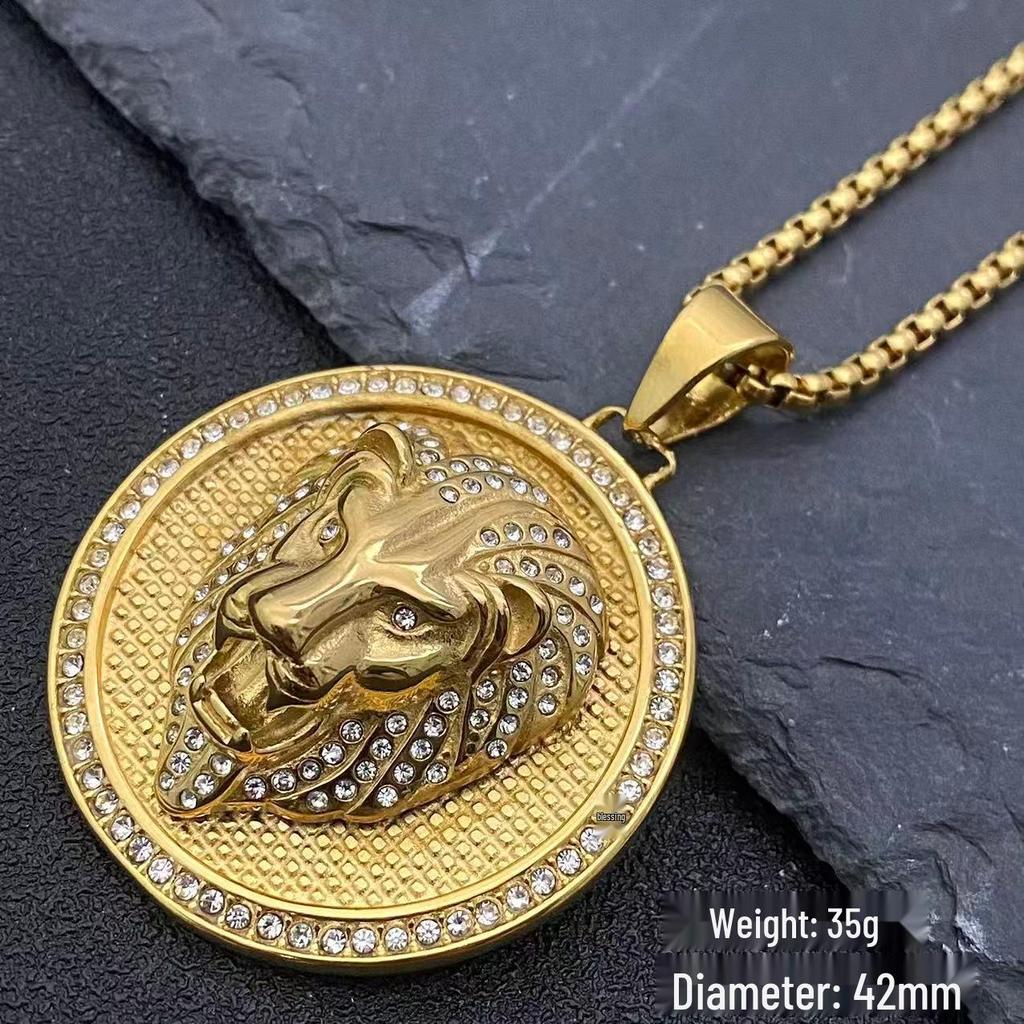 Stainless Steel Rhinestone Lion Head Pendant Hip Hop Necklace