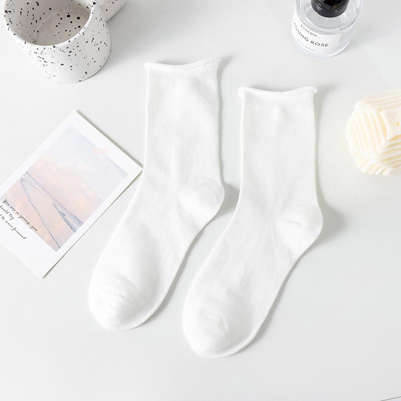 Loose Rolled-up Socks for Women In Summer, Thin and Breathable Mid-calf Socks, Solid-colored Cotton Pile Socks