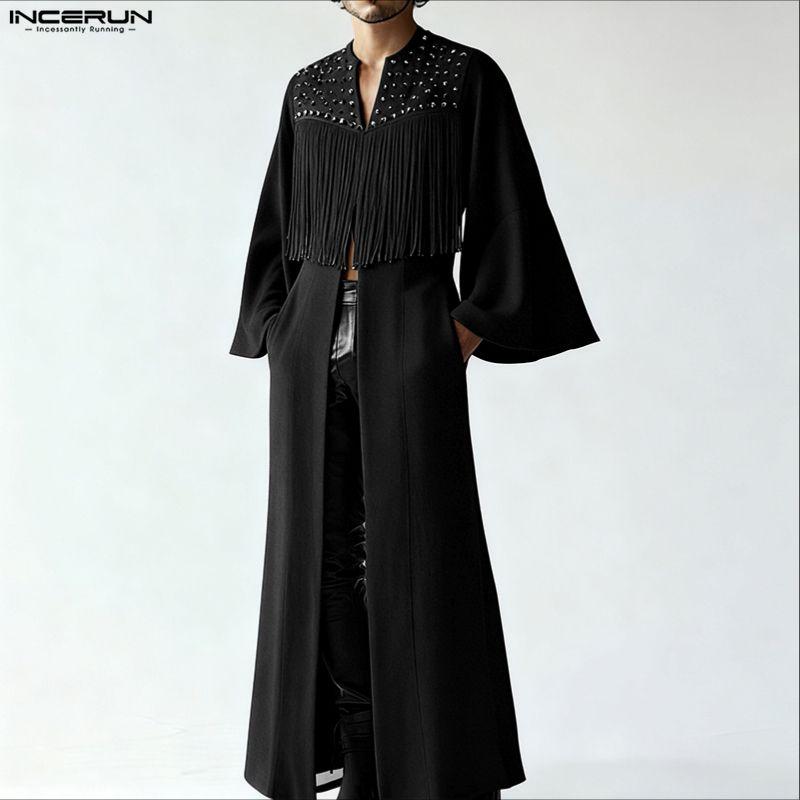 INCERUN Men Long Sleeve Open Front Tassel Rivet Patchwork Long Cardigan Tops
