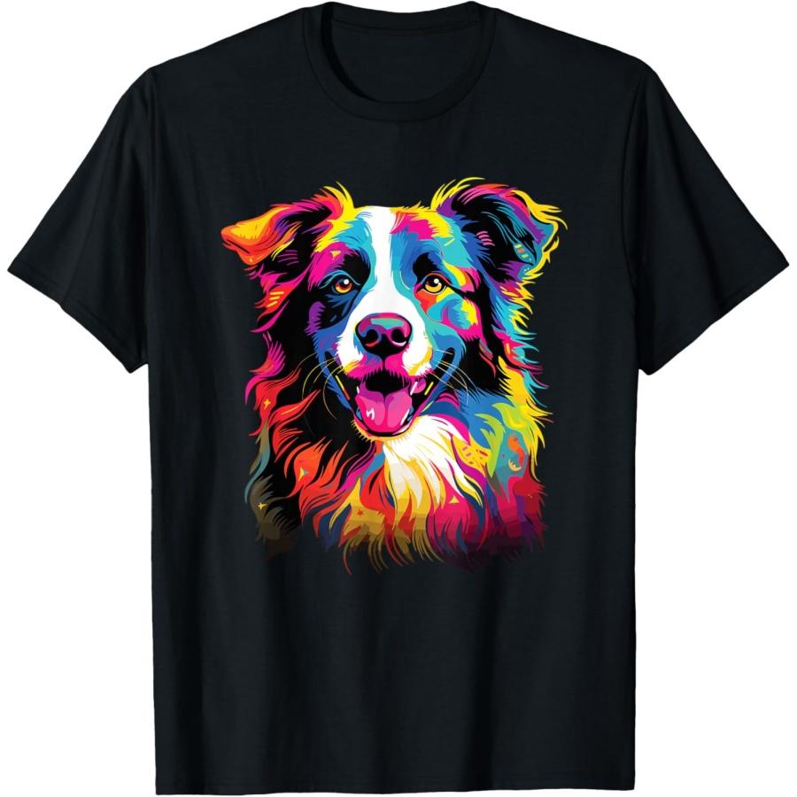 Watercolor Colorful Border Collie Dog T-Shirt S