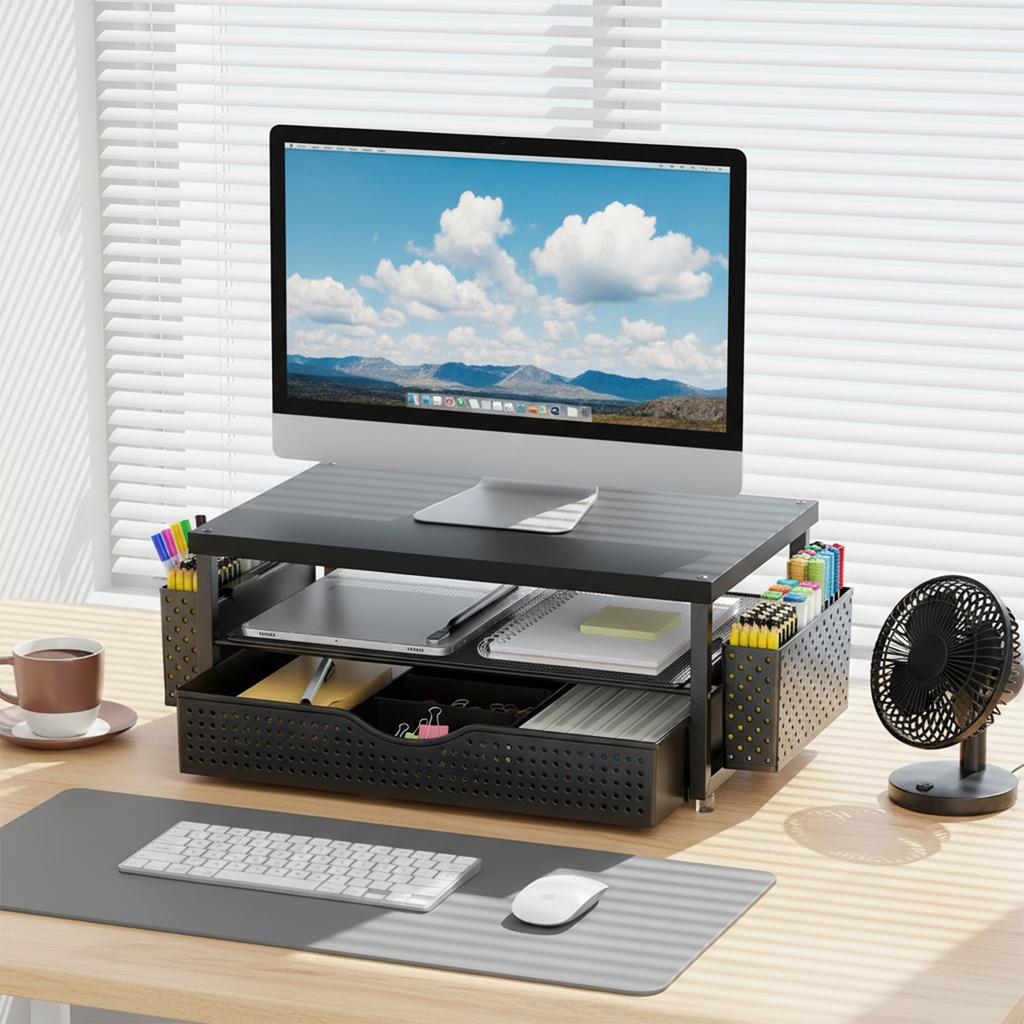 2-Tier Computer Monitor Stand Riser with Drawer and 2 Pen Holders Desk Organizer Desk Monitor Riser for Office Supplies
