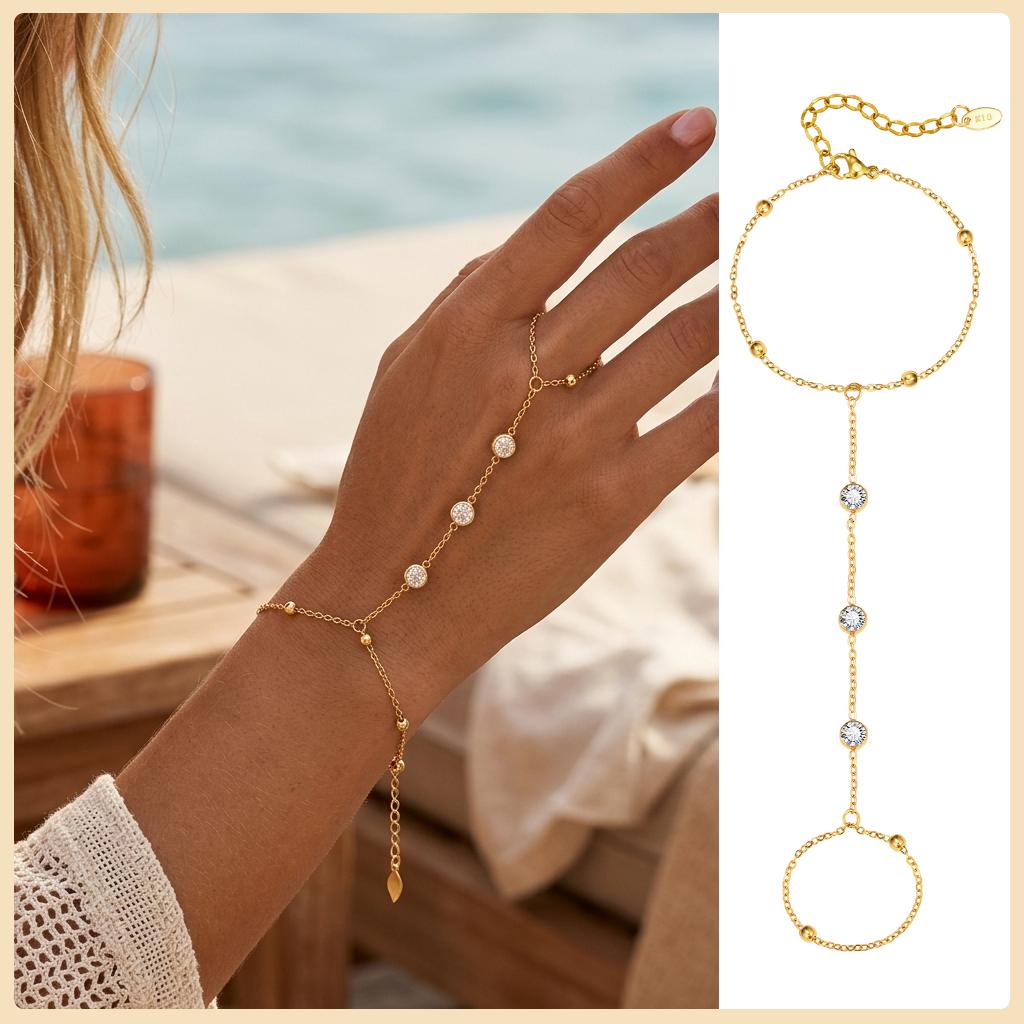 Bracciale Anello a Catena a Mano in Acciaio Inossidabile per Donna, Braccialetti Dita a Doppio Strato Placcati Oro Regolabili, Gioielli per Feste Estive