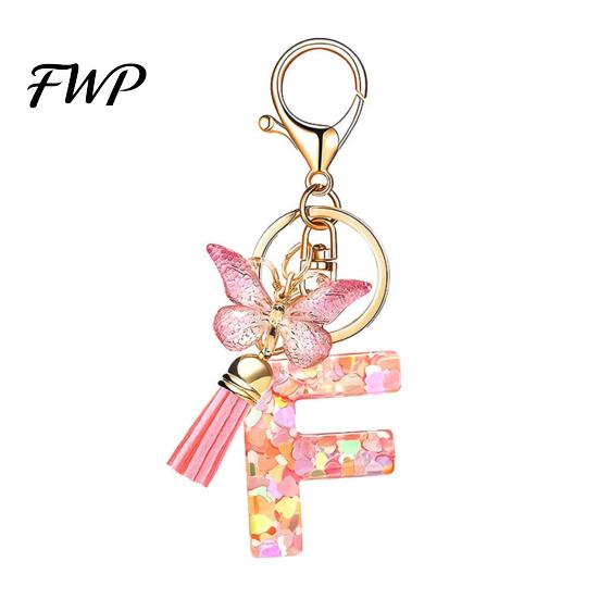 Initial Letter Charm Keychain Pink Series Pendant, Sequins Heart Key Chain with Holder Pendant Butterfly Tassel Design, A-Z for Bag Purse Backpack