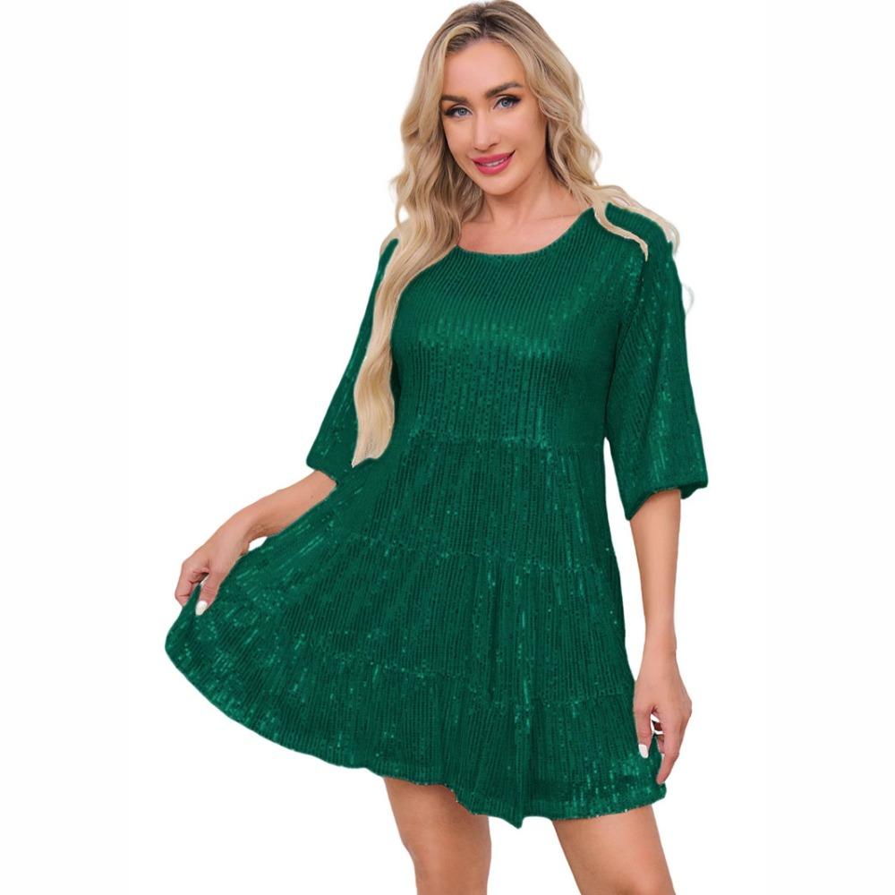 Women's Crew Neck Half Sleeve Mini Dress Loose Fit Sparkly Sequin Layered Party Short Dress