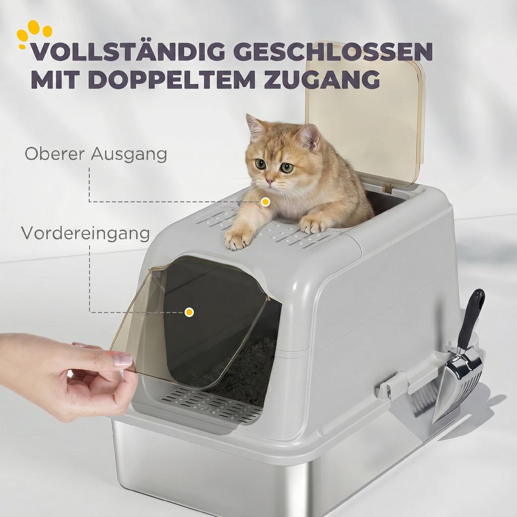 Extra Large Stainless Steel Litter Box, Enclosed Cat Litter Tray with Scoop, Deodorizer Bag, Front-Entry and Top-Exit