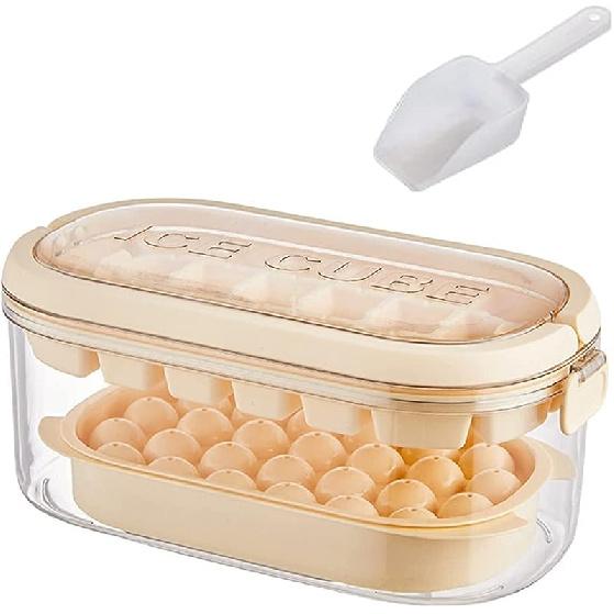 Round Ice cube Trays,BPA Silicon Ice Trays 2 Tiers Ice Cube Molds Square Round Ice Bucket with Lid Cover Portable Ice Bin Handle Scoop for Hot Summer