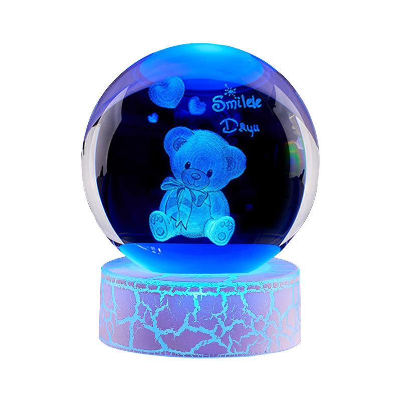 Luminous Teddy Bear Crystal Ball Night Light with Wooden Base - Creative Desktop Decoration Gift.