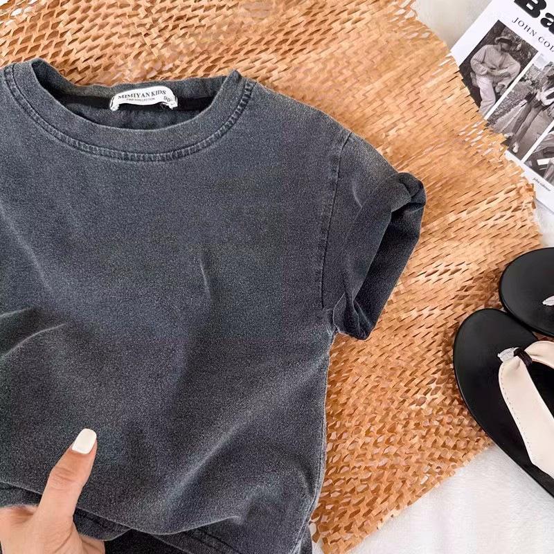 Washed Black Retro Distressed Short-Sleeve T-Shirt for Kids, Pure Cotton, Stylish for Boys and Girls
