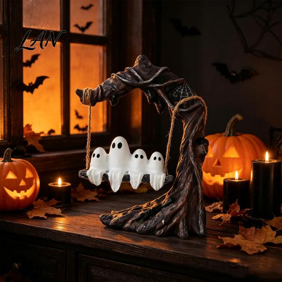 Weather-Resistant Garden Ornament Ghost On Tree Swing Halloween Decor, Resin Spooky Figurine with Vintage Detailed Sculpture for Office Base, Festive