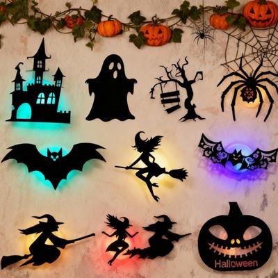 8/12Pcs Halloween LED Light Wall Sticker Hollow Spooky Bat Pumpkin Spider Night Light Holiday Party Home Office Wall Decoration Decal
