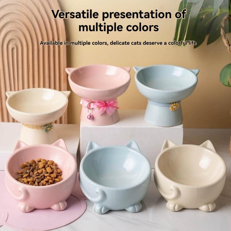Cute Cat Ear Shaped Ceramic Cat Bowl, Elevated Neck Protect Feeding Dish, Multi-color Easy Clean Pet Food Water Bowl for Cats