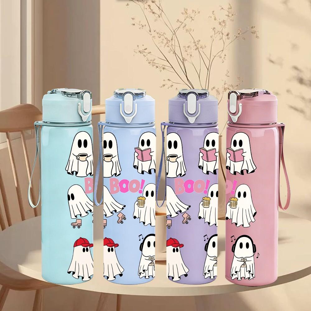 1PC Ghost Halloween Cute Group Cartoon Print 750ml Color Plastic Sports Water Bottle Leakproof Flip Straw Lid Suitable for Sports Office Home Use