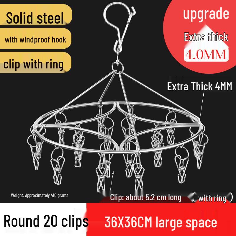 Round Windproof Clothes Drying Rack with Stainless Steel Clips and Hanging Hook