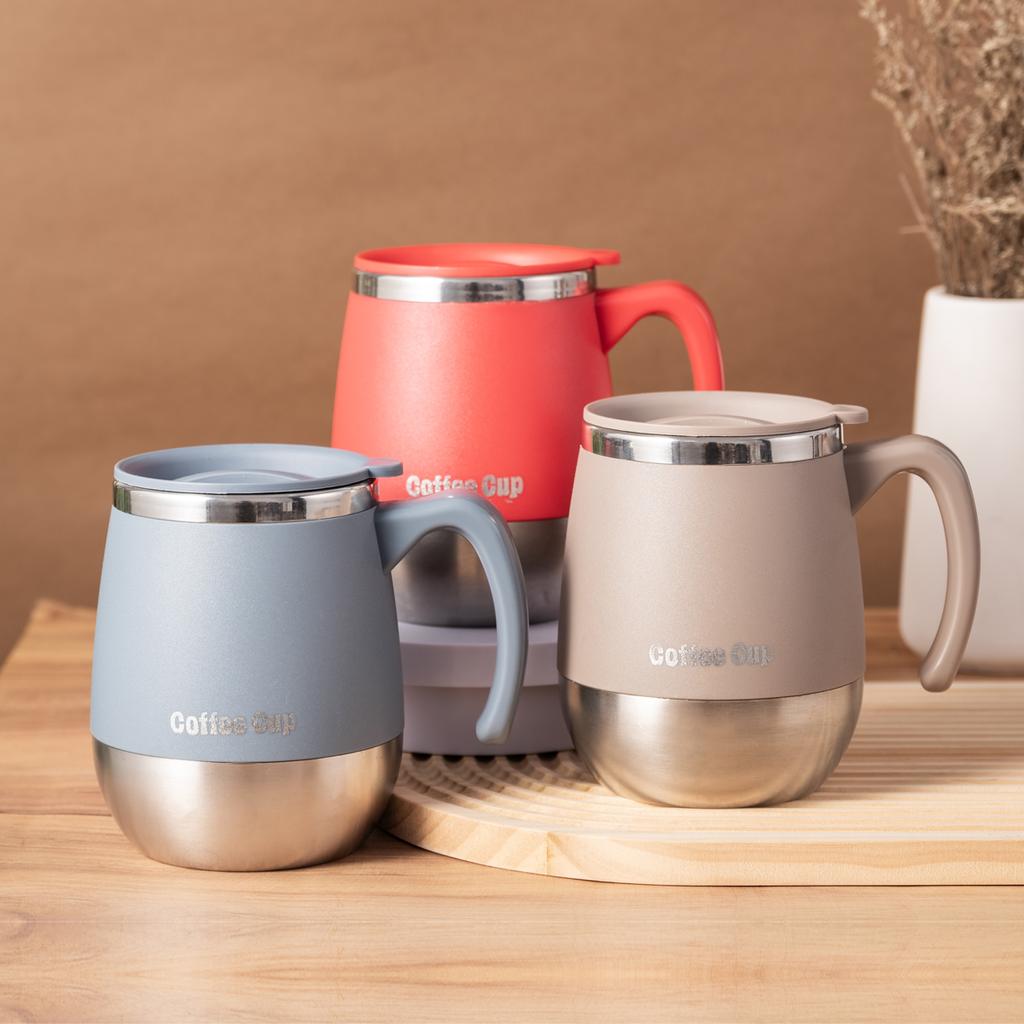 1Pcs Stainless Steel Mug with Rotating Lid 500ml (Blue/Khaki/Red) Stainless Steel Travel Cup with Lid, Shatterproof Mug with Handle, Stainless Steel