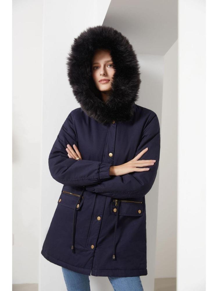 Warm Fluffy Winter Jacket Medium Long Hooded Collar Parker Coat Cotton Zipper Coat
