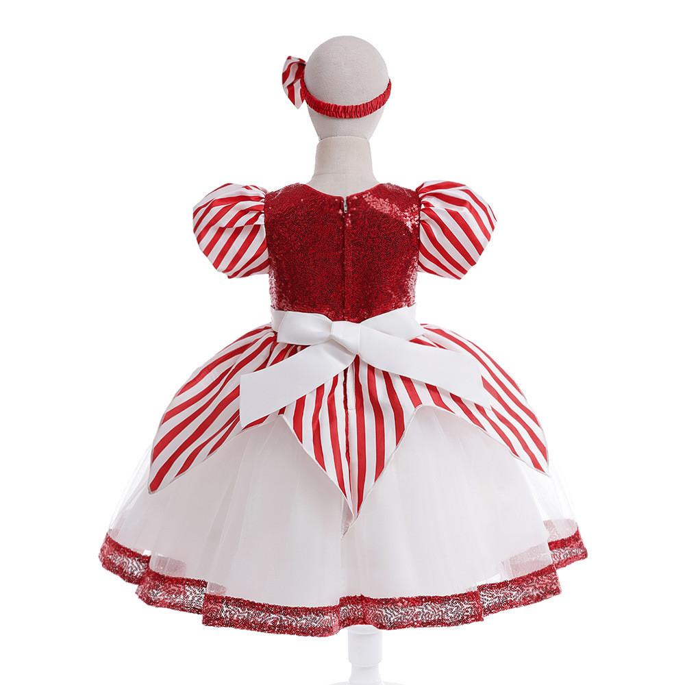 Kids Girls Santa Claus Xmas Elf Bow Sequins Princess Dress Children Christmas New Year Cosplay Costumes Kindergarten Performance Role Play Outfit