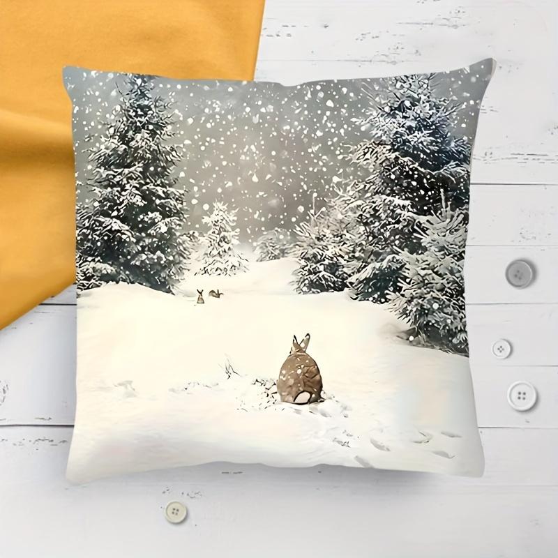 1Pc Contemporary Style Throw Pillow Cover with Winter Rabbit and Snowflakes Design - Machine Washable, Zippered Closure,Woven Polyester 17.7x17.7 inch