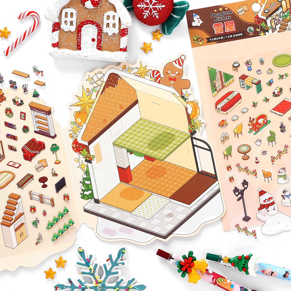 Kawaii 3D Cartoon Christmas House Series Miniature Scene Stickers DIY Handmade Stacked Scrapbook Stickers Holiday Gifts