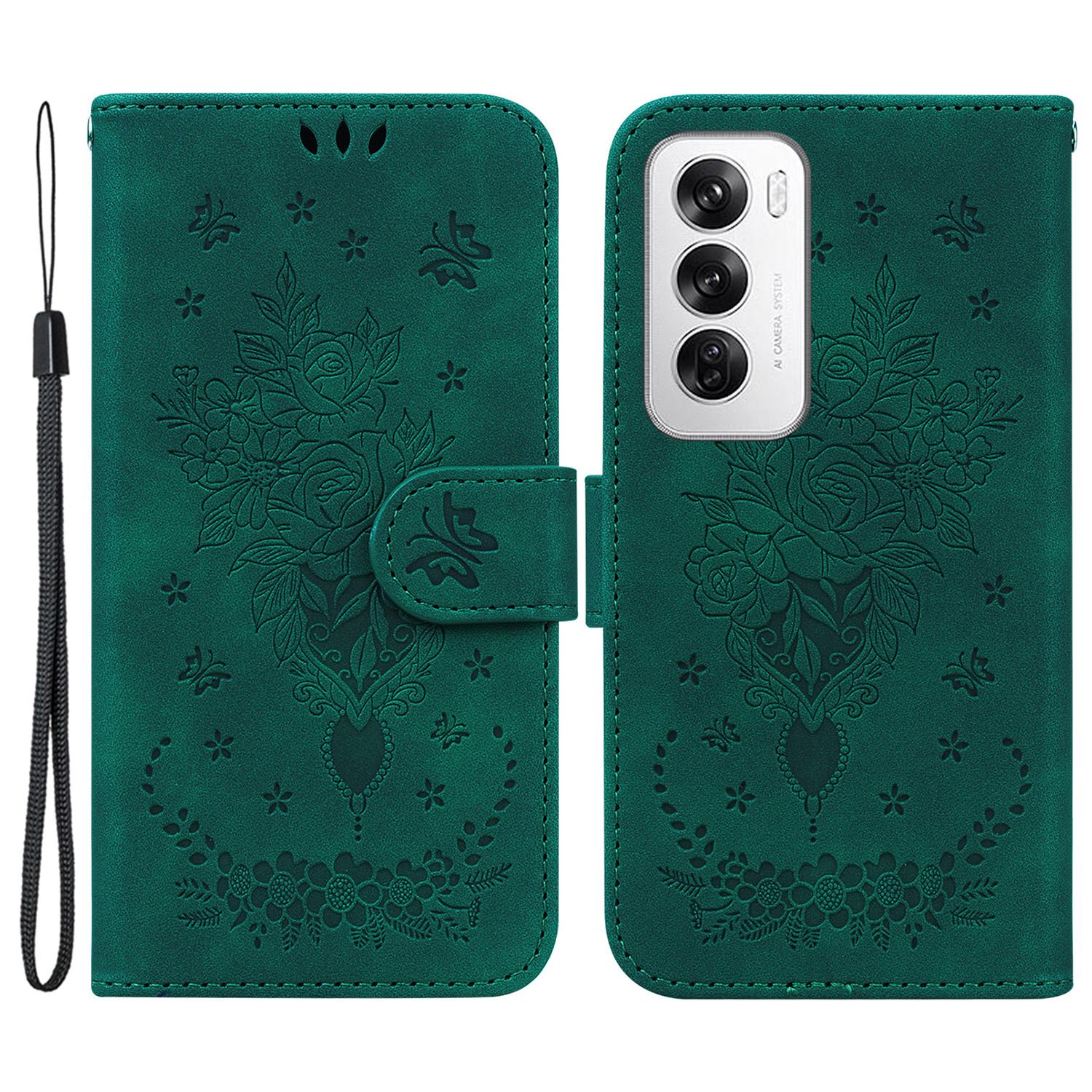 

For Oppo Reno12 5G (Global) Wallet Phone Case Butterfly Flower Imprint PU Leather Cover Green